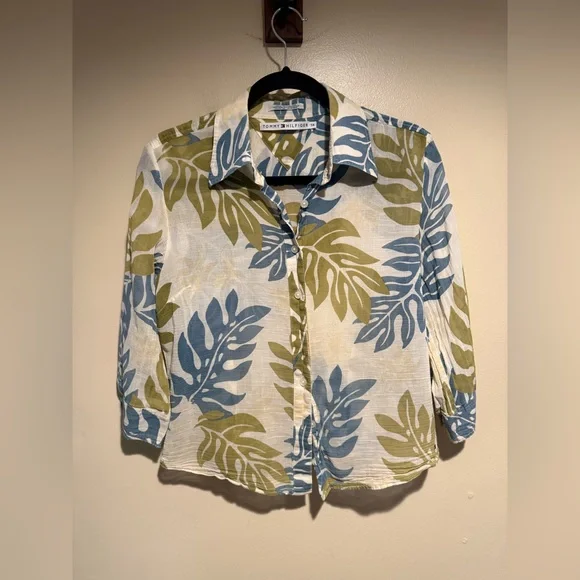 Vintage Tommy Hilfiger Leaf Bloude 100% lightweight gauze cotton size 14 - Picture 2 of 10